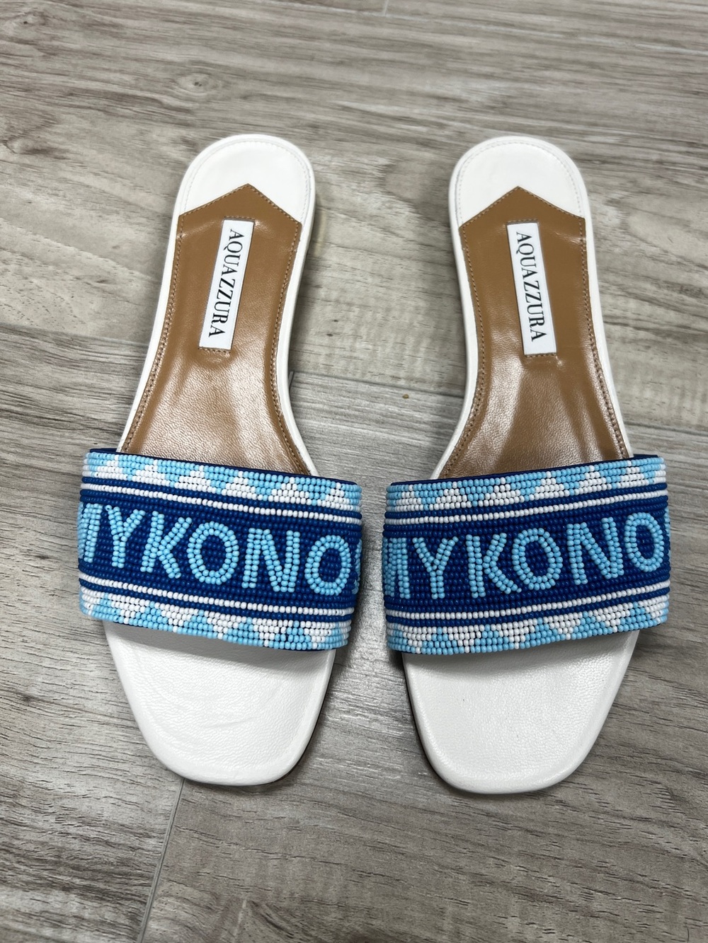 Aquazzura Mykonos Beaded Leather Slides White Blue Size EU 37 NWOT - Picture 4 of 15